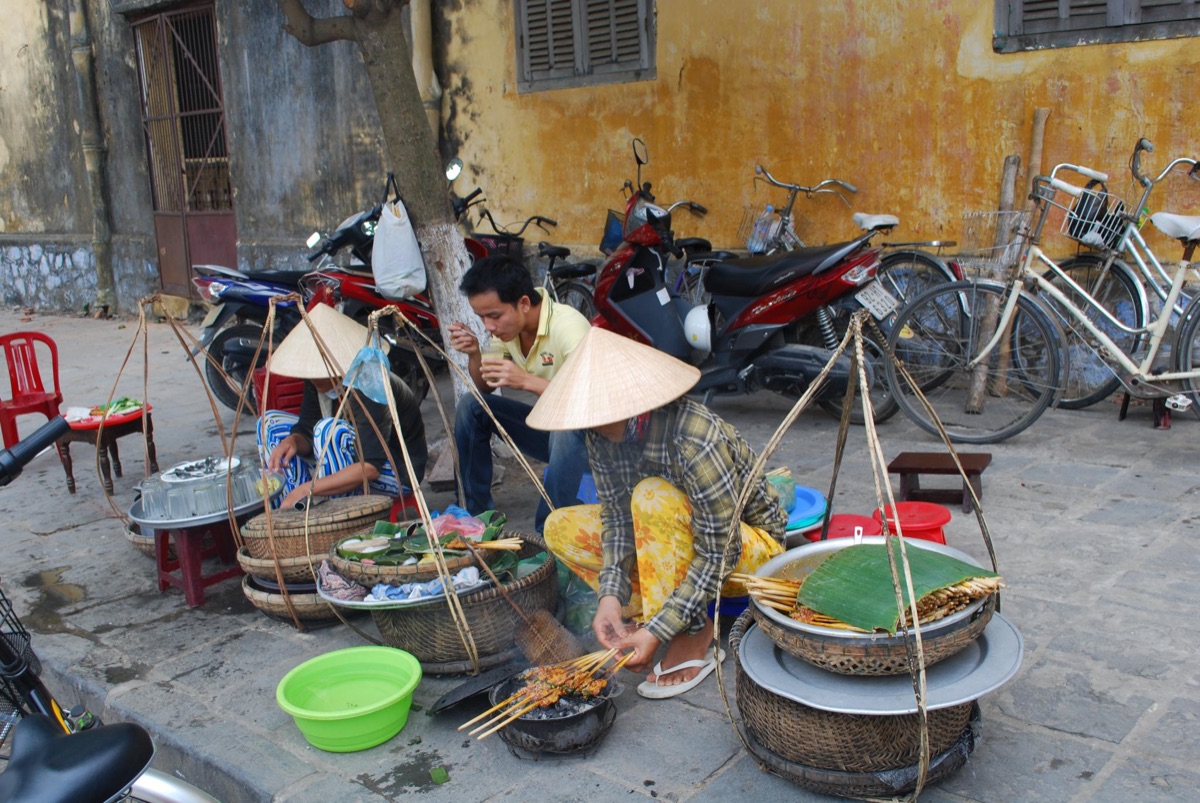 Grilled pork skewer on bamboo stick in Chinese street market