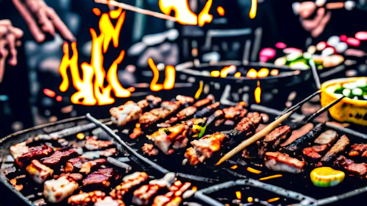 A street food stall at a night market, featuring various food items on a wooden table.