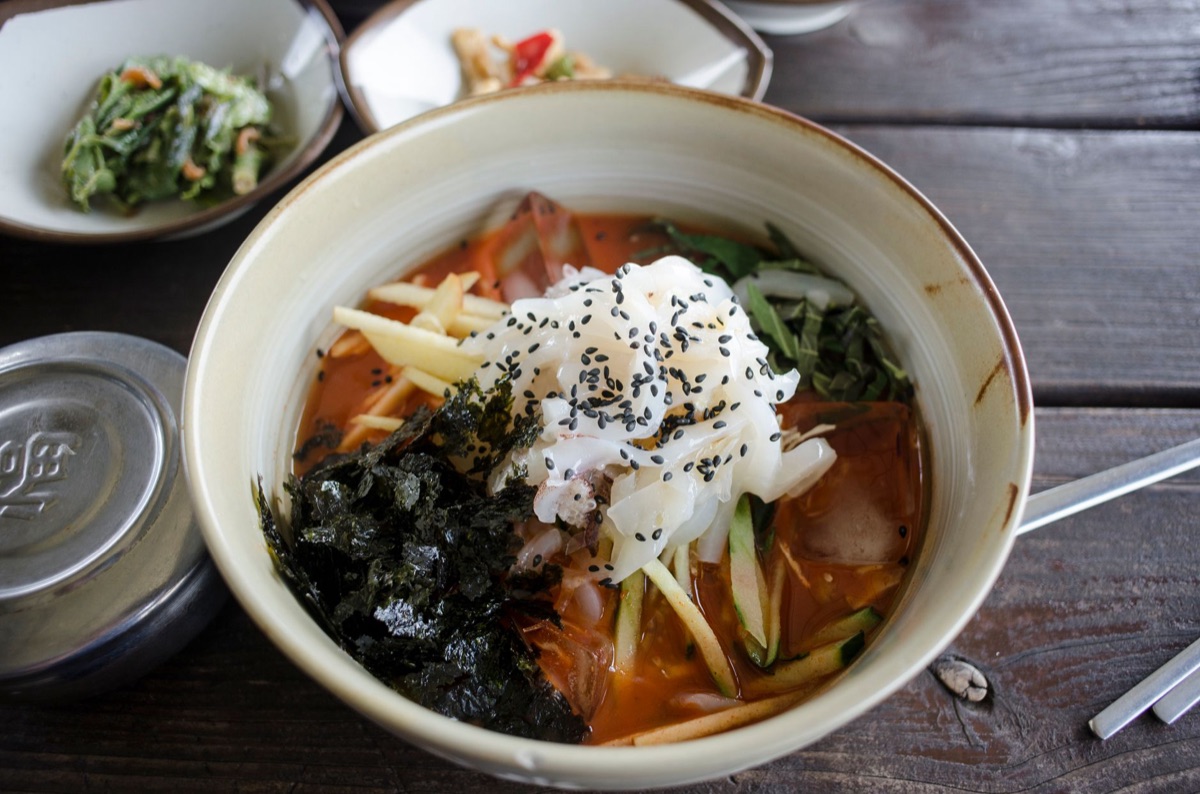 Traditional Korean kitchen with noodles and ingredients